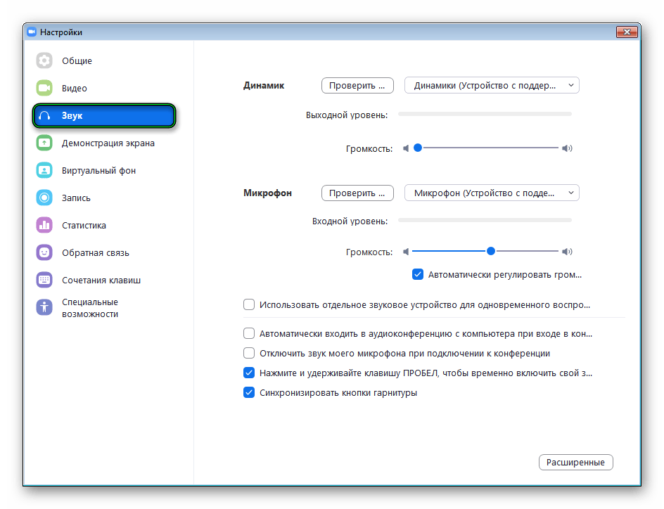 Раздел Звук в настройках Zoom для Windows 7