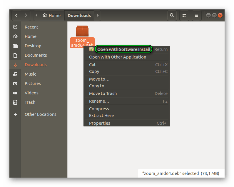 Запуск установочного файла Zoom с помощью распаковщика пакетов Ubuntu